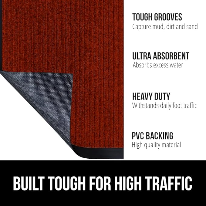 GORILLA GRIP Waterproof Traffic Guard Door Mat, 2 Pack Heavy Duty Entryway Mats, Strong Rubber Back Commercial Utility Rugs for Office Hallway, Garage Floor and Home, Low Profile Carpet, 35x23, Red