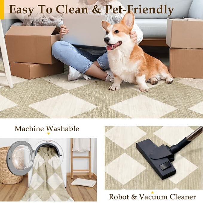 9x12 Checkered Area Rugs for Living Room Beige Machine Washable Large Rug Non-Slip Stain Resistant Low Pile Boho Accent Indoor Throw Carpet for Bedroom Dining Room Home Aesthetic Decor
