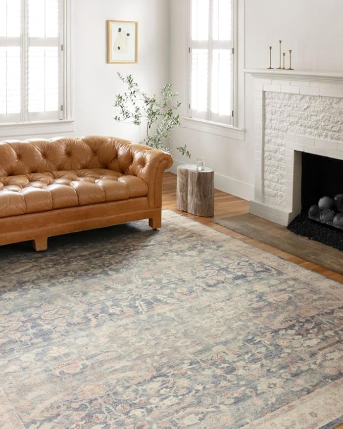 Loloi Hathaway Collection HTH-02 Denim/Multi 3'-6" x 5'-6", .25" Thick Accent Rug, Soft, Durable, Printed, Modern, Low Pile, Non-Shedding, Easy Clean, Living Room Rug