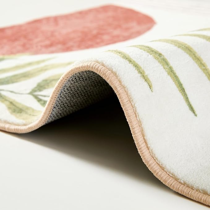 RoomTalks Mid Century Modern Washable Rug, Boho Cute Aesthetic 9x12 Area Rugs Large Carpet for Bedroom Dining Living Room Entryway Office, Contemporary Abstract Leaves Thin Pile Accent Indoor Rug