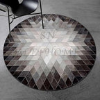 Cowhide Hairon Leather Round Rug, Geometric Patterned Circle Carpet for Living Room, Bedroom, Hall, Brown, 7×7ft