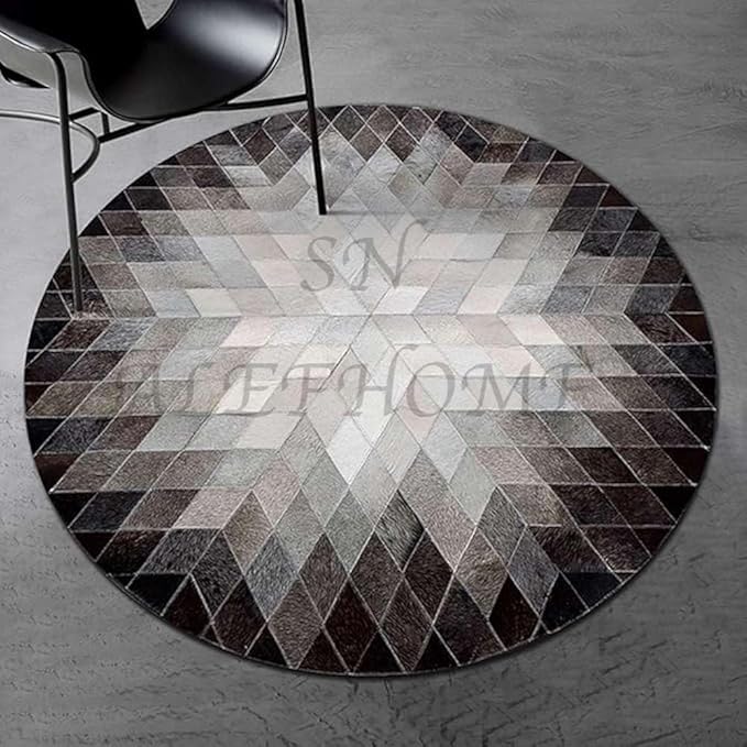 Cowhide Hairon Leather Round Rug, Geometric Patterned Circle Carpet for Living Room, Bedroom, Hall, Brown, 3×3ft