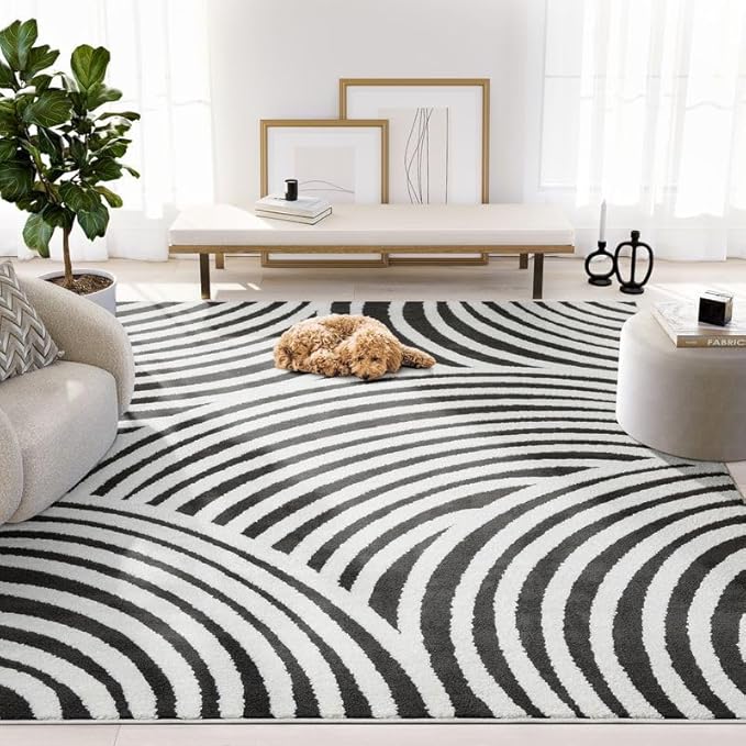 Abani Nomad Cream & Black Area Rug 2' x 3' for Living Room, Bedroom - Black Linear Curves Design - Durable & Easy to Clean