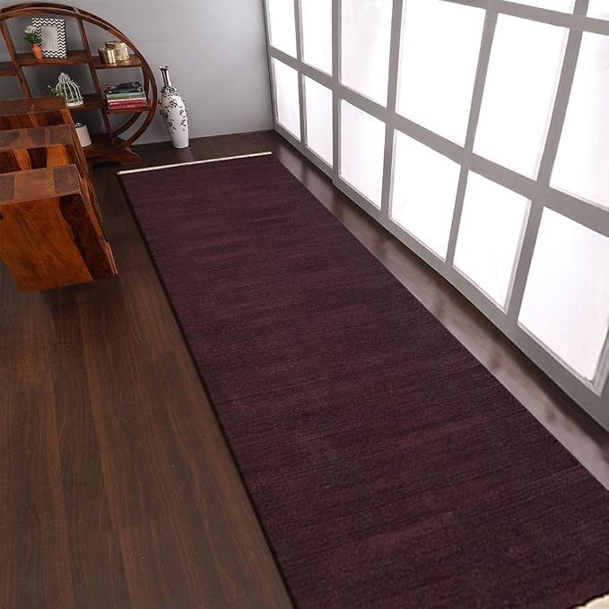 Rugsotic Carpets Hand Woven Flat Weave Kilim Wool ECO-Friendly Area Rugs - 2'6''x10', Runner Shape, Plum Color, Solid Plain Design, Low Pile Handmade Area Rugs for Living Room, Bed Room (D00111)