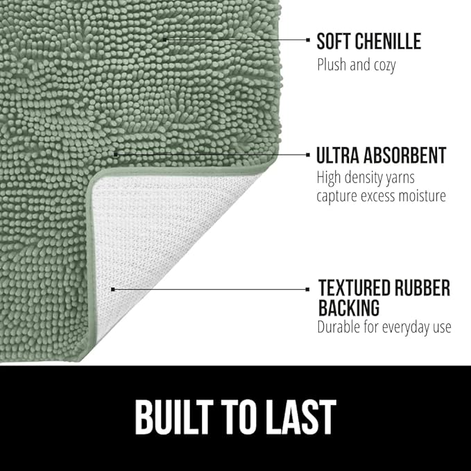 GORILLA GRIP Bath Rug Mat, Thick Soft Absorbent Chenille, Quick Dry Microfiber Mats, Rubber Backing Washable Shower Floor Rugs, US Designed Bathroom Bathmat Home Decor Accessories, 24x17 Sage Green
