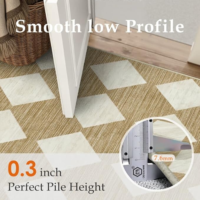 2x6 Runner Checkered Rug for Hallways Brown Washable Long Carpet Non-Slip Low Pile Boho Indoor Accent Throw Rug for Entrance Kitchen Bedroom Dining Laundry