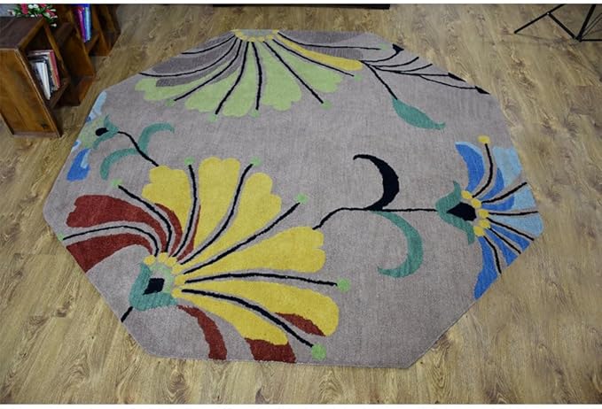 Rugsotic Carpets Hand Tufted Wool ECO-Friendly Area Rugs - 6'x6', Octagon Shape, Camel, Floral Modern Design, High Pile Thick Handmade Anti Skid Area Rugs for Living Room, Bed Room (K00219)