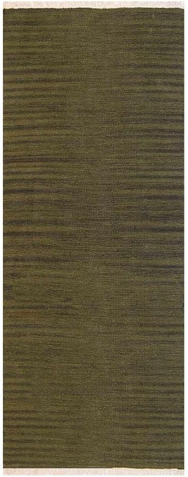 Rugsotic Carpets Hand Woven Flat Weave Kilim Wool ECO-Friendly Area Rugs - 2'6''x10', Runner Shape, Olive Color, Solid Plain Design, Low Pile Handmade Area Rugs for Living Room, Bed Room (D00111)