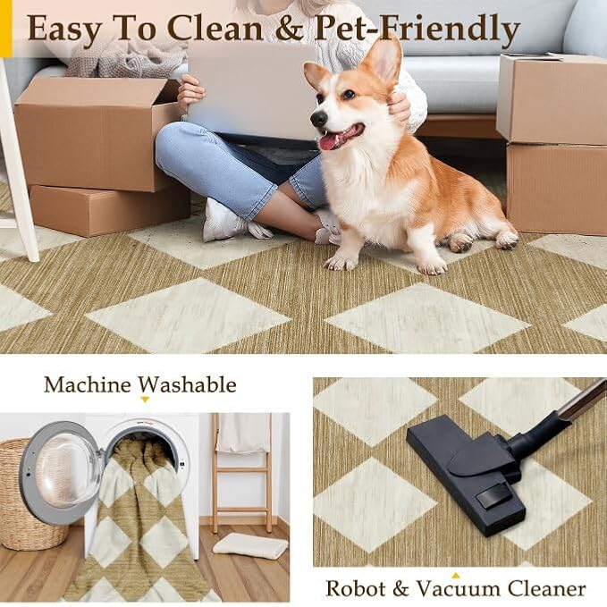 5x7 Checkered Area Rugs for Living Room Brown Machine Washable Large Rug Non-Slip Stain Resistant Low Pile Boho Accent Indoor Throw Carpet for Office Bedroom Dining Room Classroom