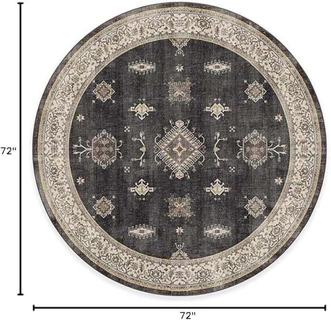 RUGGABLE Washable Vintage Area Rug – Verena Dark Wood 6 ft Round, Stain-Resistant, Non-Slip – Medium Machine Washable Rugs for Living Room, Bedroom, Hallway, Entryway & Office–with Standard Pad