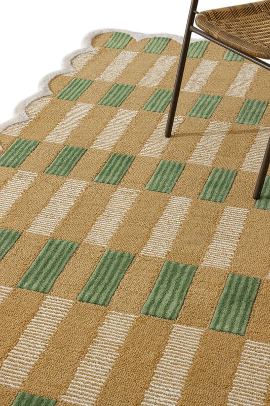 Hand-Tufted Wool Area Rug with Scalloped Edges, Beige and Green Plaid Pattern, Cozy and Soft Accent Rug for Living Room, Bedroom, and Nursery, Handmade Decorative Rug, 2x3 Ft
