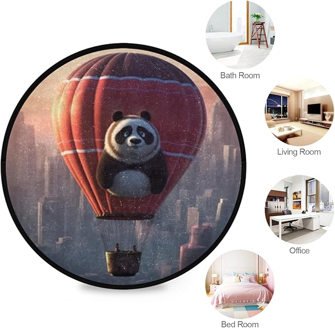 Round Non-Slip Area Rug Washable & Soft for Indoor/Outdoor Use Panda Hot Air Balloon Design Perfect Room Decor for Living Room, Bedroom, Office, Entryway & Bedside
