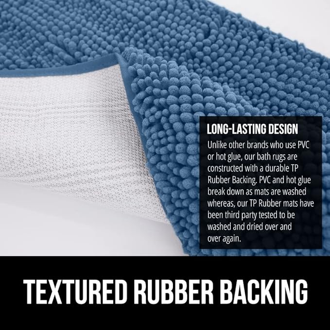 GORILLA GRIP Bath Rug Mat 60x17, Thick Soft Absorbent Chenille, Quick Dry Microfiber Mats, Rubber Backing Washable Shower Floor Rugs, Bathmat Runner, US Designed Bathroom Home Decor Accessories Blue