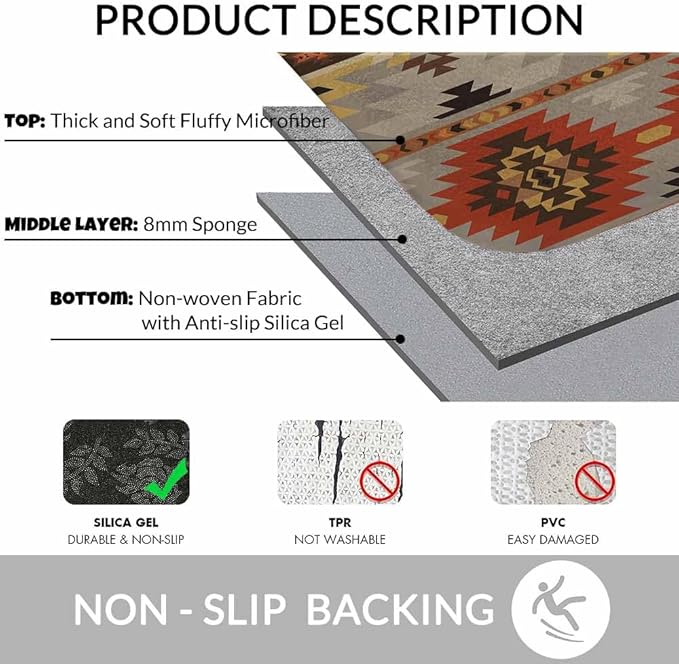 Geometric Pattern Bath Rugs American Navajo Style Aztec Microfiber Bathroom Mat Soft Plush Shaggy Shower Mat for Bathroom Fluffy Comfortable Water Absorbent Carpet Non-Slip Machine Washable 16"X24"