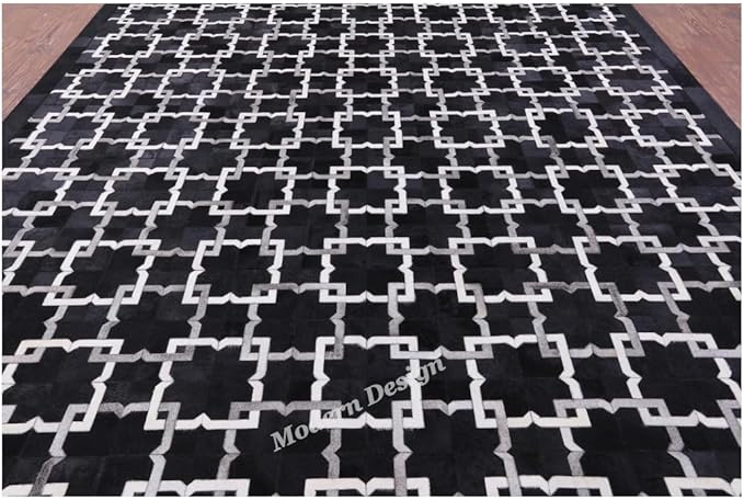 Modern Design Premium Cowhide Leather Carpet with Chevron Pattern, Area Rug (Black/Grey/White, 3x14)