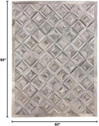 Premium Diamond Pattern Leather Area Rug, Geometric Cowhide Patchwork Carpet - 5X8 ft, Luxury Beige and Grey Non-Slip Floor Accent for Dining Room, Living Room, Hallway