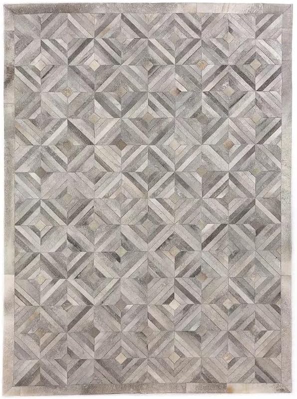 Premium Diamond Pattern Leather Area Rug, Geometric Cowhide Patchwork Carpet - 4X6 ft, Luxury Beige and Grey Non-Slip Floor Accent for Dining Room, Living Room, Hallway