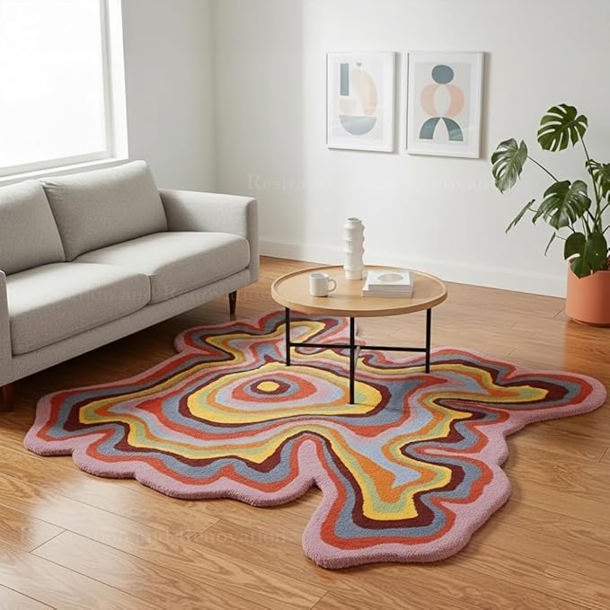 Irregular Shaped Handmade Wool Rug | Modern Colourful Stripe Premium Area Rug Perfect for Home Decor (IR-D, 8x8 ft)