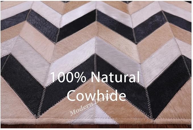 Modern Design Premium Cowhide Leather Carpet with Chevron Pattern, Area Rug (Beige/Black/Grey/Ivory, 3x12)