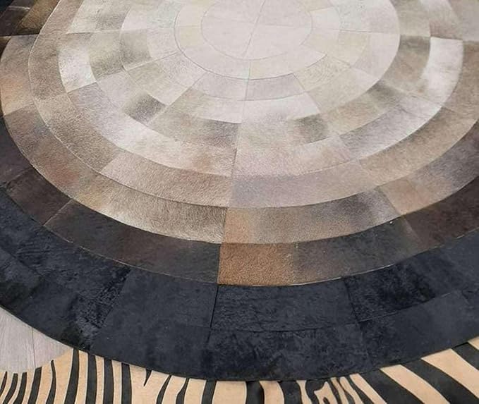 Round Faux Cowhide Leather Rug 6×6 ft – Brown & Beige Rustic Western Farmhouse Boho Concentric Patchwork Non-Slip Durable Faux Leather Area Carpet for Living Room, Bedroom & Office