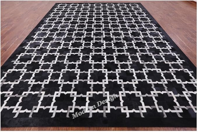Modern Design Premium Cowhide Leather Carpet with Chevron Pattern, Area Rug (Black/Grey/White, 9'6"x14'0)