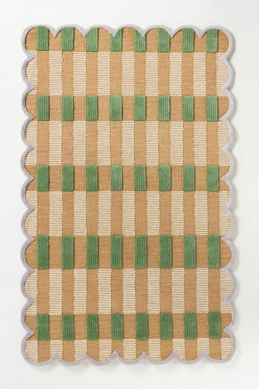Handmade Scalloped Wool Area Rug - Modern Geometric Pattern, Green-Beige Stripes, Checkered Chevron Design - Soft, Durable Thick Carpet for Living Room, Bedroom (Green, 6' x 9')