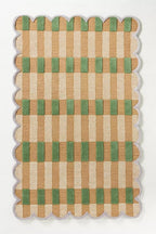 Handmade Scalloped Wool Area Rug - Modern Geometric Pattern, Green-Beige Stripes, Checkered Chevron Design - Soft, Durable Thick Carpet for Living Room, Bedroom (Green, 8' x 10')