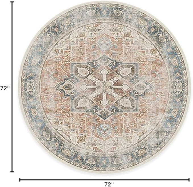RUGGABLE Washable Vintage Area Rug – Kamran Coral 6 ft Round, Stain-Resistant, Non-Slip – Medium Machine Washable Rugs for Living Room, Bedroom, Hallway, Entryway & Office–with Standard Pad