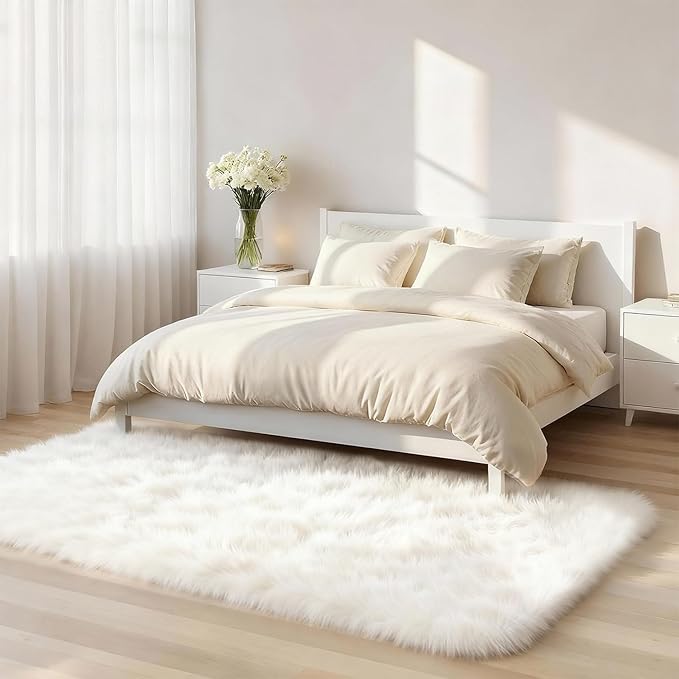 2x6 Solid Fluffy White Area Rug – Washable, Durable, Small Bedroom Runner Rug, Non-Slip Shag Rugs for Hallway, Living Room, Bedroom, Bedside, Dorms, Kids Room, Nursery Rooms, Soft Indoor Carpet