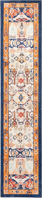 Phantoscope Washable Runner Rug 2'x10' Non-Slip, Vintage Boho Hallway Rugs for Entryway, Stair, Bedroom, Dining Room, Distressed Persian Market Pattern, Low-Pile Foldable Floor Carpet, Navy/Orange