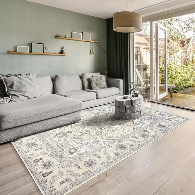 GLN Rugs Traditional Collection - Machine Washable Area Rug, Traditional Washable, Non Slip, Low Pile Chenille Rug, Living Room, Bedroom, Kitchen Rug (4' x 6' Cream/Gray)