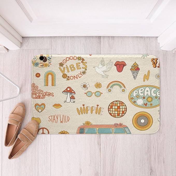 Kids 70s Party Decorations Bath Rugs Cute Bus Car Bathroom Mats for Boys Girls Pastel Rainbow Bath Carpets 20x32 Hippie Mushroom Floor Mats 60s Retro Disco Bathroom Rugs Groovy Room Decor