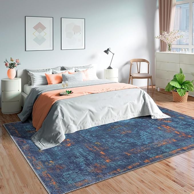 GLN Rugs Contemporary Collection - Machine Washable Area Rug, Contemporary Washable, Non Slip, Low Pile Chenille Rug, Living Room, Bedroom, Kitchen Rug (3' x 5' Midnight/Multi)