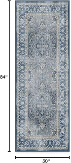 RUGGABLE Washable Vintage Runner Rug – Kamran Admiral Blue 2.5x7, Stain-Resistant, Non-Slip Hallway Runner – Machine Washable Rug for Hallway, Entryway, Living Room & Kitchen–with Cushioned Pad