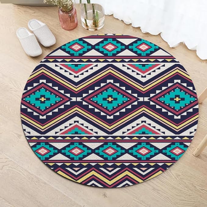 Native Tribal Geometry Round Rug Vintage Blue White Living Room Bedroom Area Rug Non Slip Soft Low Pile Washable Indoor Floor Carpet for Dining Room Kitchen Office Entryway 3ft