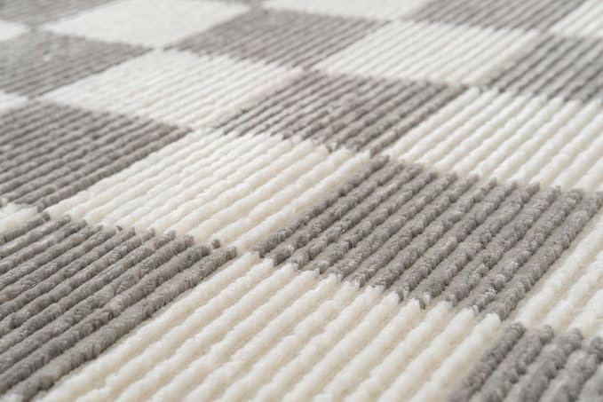 Revival Rugs Gambit 7'10"x10' Checkered Rug Washable Area Rug for Living Room Bedroom - 100% Recycled Oeko-TEX Certified, Medium Pile, Gray, Beige
