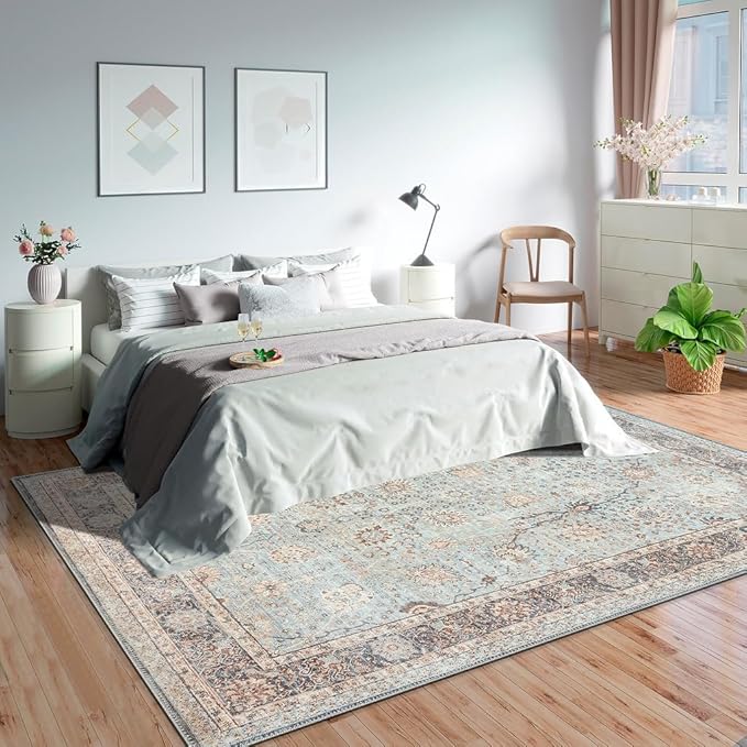 GLN Rugs Traditional Collection - Machine Washable Area Rug, Traditional Washable, Non Slip, Low Pile Chenille Rug, Living Room, Bedroom, Kitchen Rug (3' x 5' Light Blue)