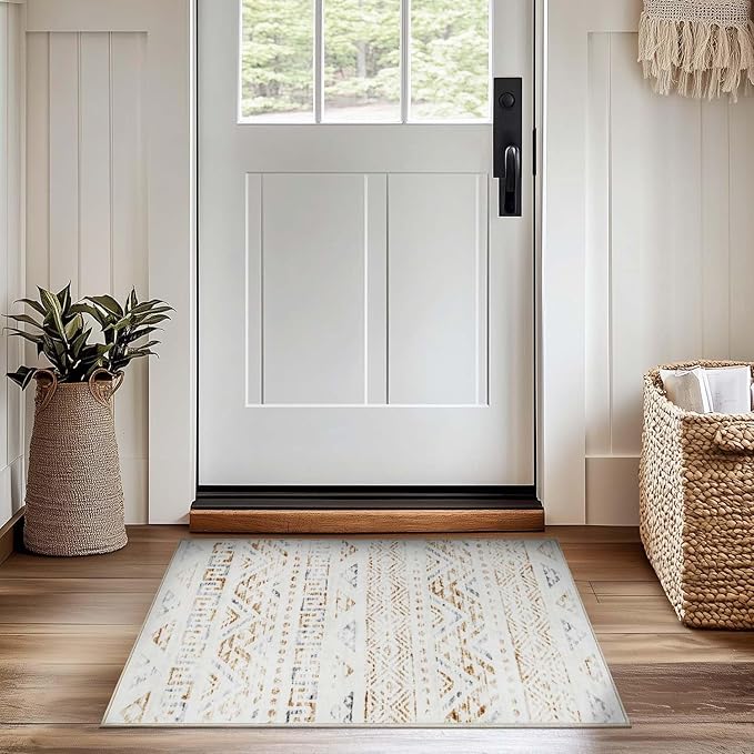 jinchan Boho 2x3 Rugs for Entryway - Machine Washable Doormat Moroccan Soft Throw Rug Bohemian Diamond Non-Slip Carpet for Entrance Kitchen Laundry Room Bedroom (2‘x3', Tan/Grey)