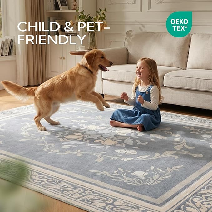 SOULFUL Medium Pile 8x10 Rugs for Living Room - Cozy Soft Underfoot Large Area Rug - Greige Boho Floral - Washable Non-Slip - Perfect for Bedroom Kids Room Under Dining Table Office