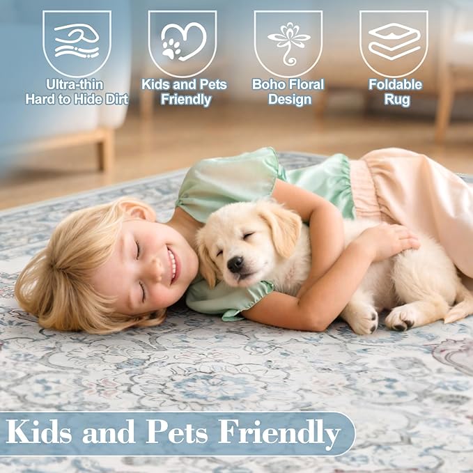 Wonnitar Floral 8x10 Washable Rug, Blue Rug for Bedroom Nursery Decor, Ultra-Thin Large Non-Slip Soft Boho Vintage Distress Print Carpet for Living Room Kids Playroom Office