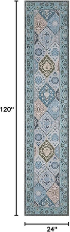 Phantoscope Washable Runner Rug 2'x10' Non-Slip, Vintage Boho Hallway Rugs for Entryway, Stair, Bedroom, Distressed Moroccan Mosaic Diamond Pattern, Low-Pile Foldable Floor Carpet, Blue Teal/Neutral