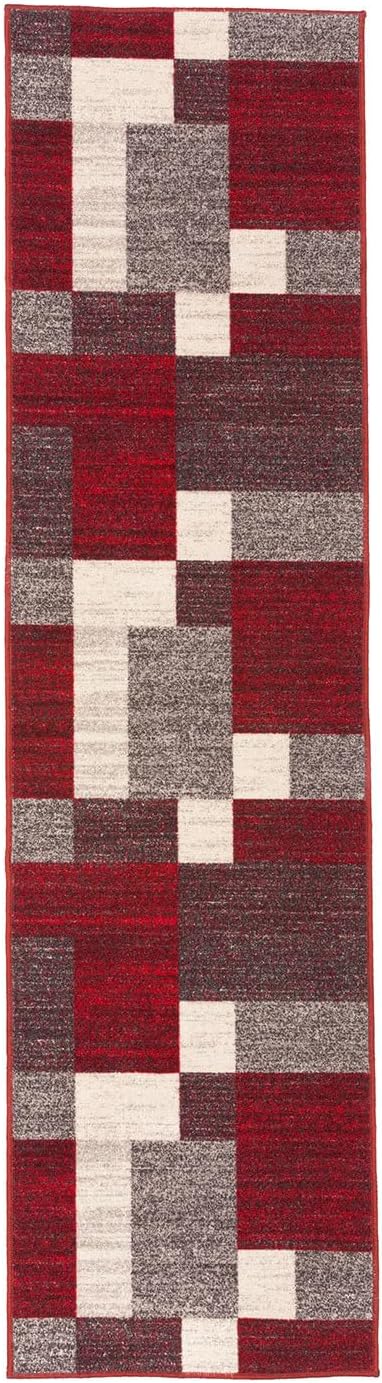 Rugshop Red Modern Geometric Boxes Non-Slip Area Rug Non-Shedding for Hallway, Entryway and Kitchen, 2' x 7'2" (22" X 84")