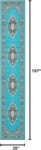 Unique Loom Reza Collection Traditional Persian Style Area Rug, 3 ft x 16 ft 5 in, Turquoise/Ivory