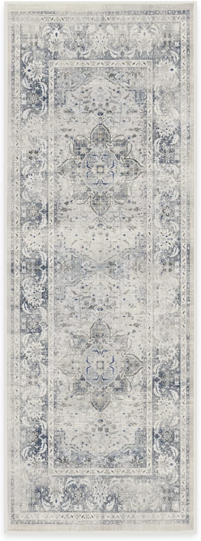 RUGGABLE Washable Vintage Runner Rug – Sarrah Blue Quartz 2.5x7, Stain-Resistant, Non-Slip Hallway Runner – Machine Washable Rug for Hallway, Entryway, Living Room & Kitchen–with Cushioned Pad