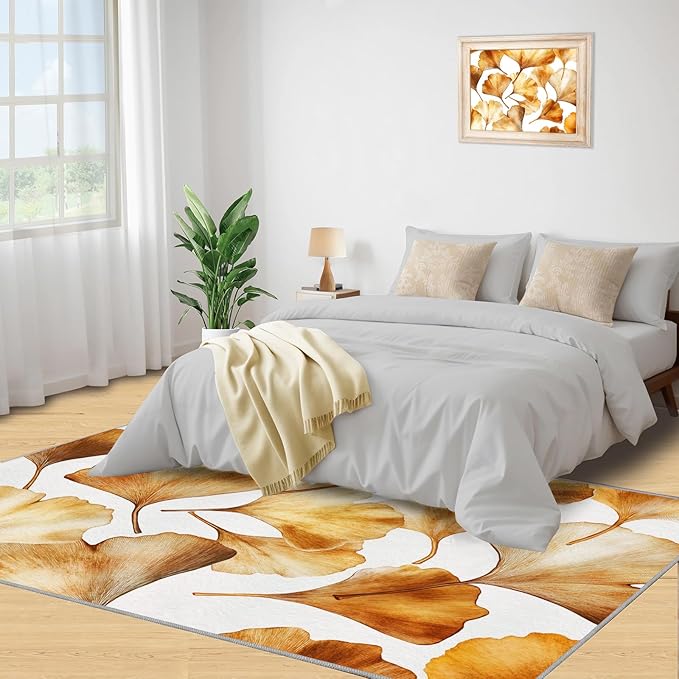 Golden Leaf Rugs for Bedroom - 4x6 Area Rug - 3D Ginkgo Leaf Rugs for Living Room, Modern Simple Art Rug, Non-Slip Washable Home Decor Carpet