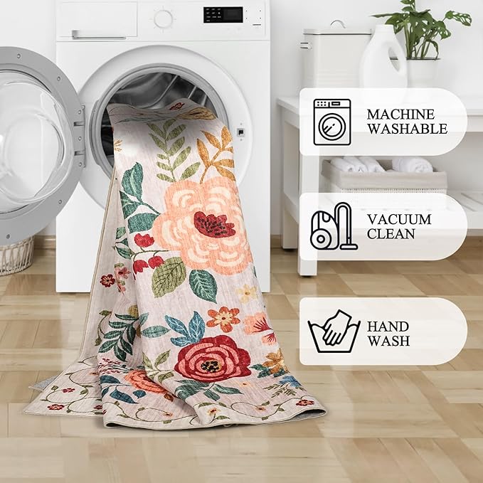 DUKINO Floral Round Rug, 6ft Washable Circle Rug, Non Slip Indoor Low Pile Circle Rug, Soft Small Boho Design Carpet for Bedroom, Entryway, Living Room, Dining Room, Beige