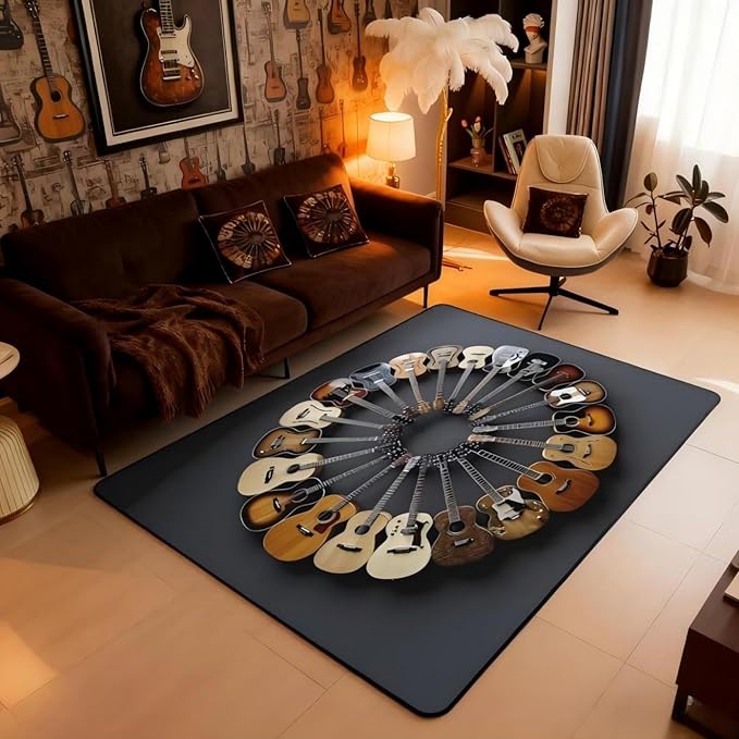 Round Guitar Large Area Rug 5x7 Musical Instruments Living Room Rug | Music Notes Modern Rock Rugs for Bedroom, Grunge Hip Hop Carpet Indoor Floor Mat
