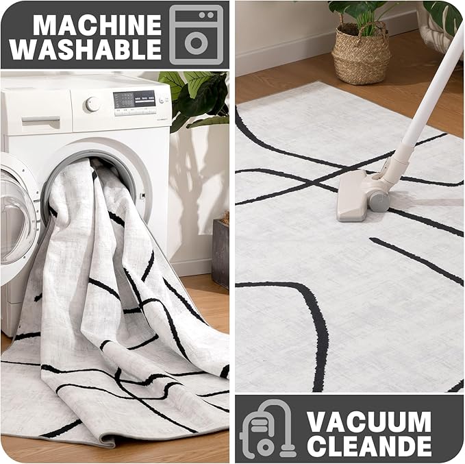 YIHOUSE Modern Washable Area Rug for Living Room Bedroom - Large Abstract Black and White Rug Non-Slip Ultra-Thin Home Decor (Abstract, 9'x12')