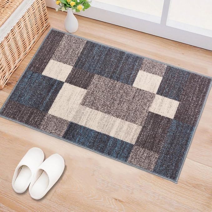 Rugshop Contemporary Blue Geometric Boxes Non-Slip Area Rug Non-Shedding for Living Room, Dining Room and Office, 20" x 30"