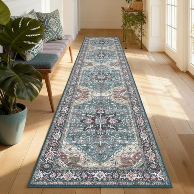 Enkor Runner Rugs for Hallway, 2x10 Washable Soft Boho Non Slip Floor Rugs for Kitchen, Modern Mat for Living Room Bedroom Entryway Purple & Green